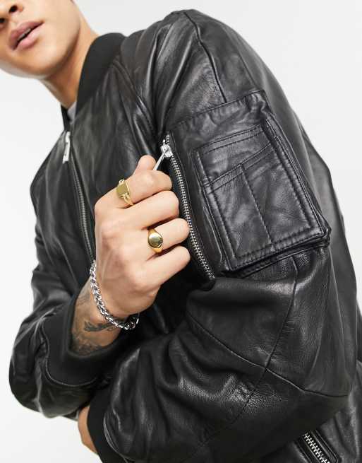 ASOS DESIGN oversized real leather bomber jacket in black