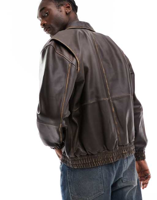 Tan leather deals bomber jacket