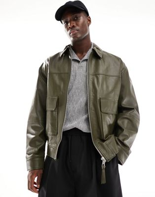 ASOS DESIGN oversized real leather bomber jacket in khaki