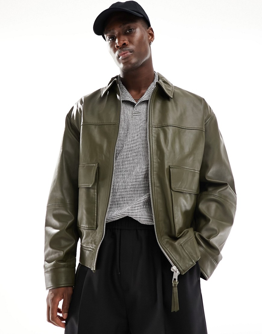 ASOS DESIGN oversized real leather bomber jacket in khaki-Green