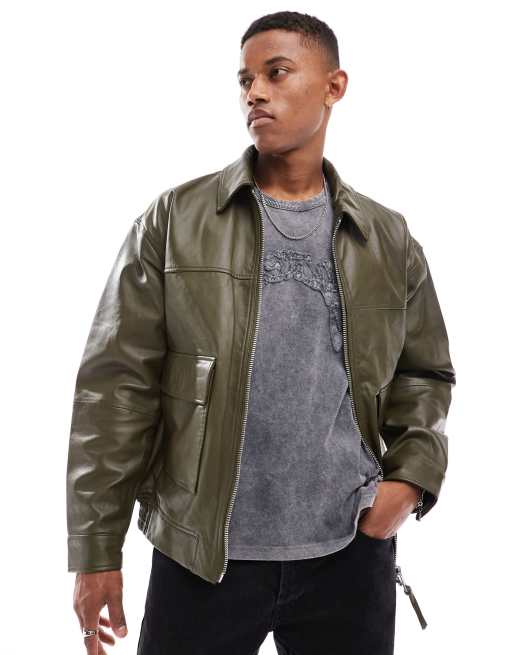 ASOS DESIGN oversized real leather bomber jacket in khaki ASOS