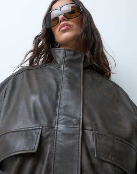 ASOS DESIGN oversized real leather bomber jacket in washed brown - view 1