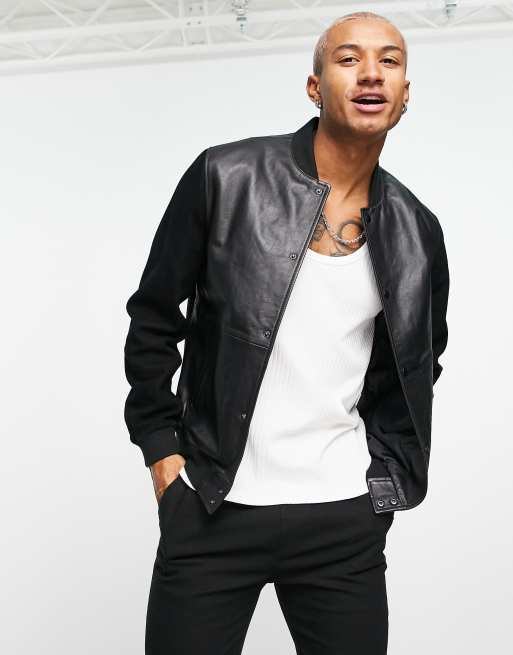 ASOS DESIGN oversized real leather bomber jacket with contrast sleeves in  black