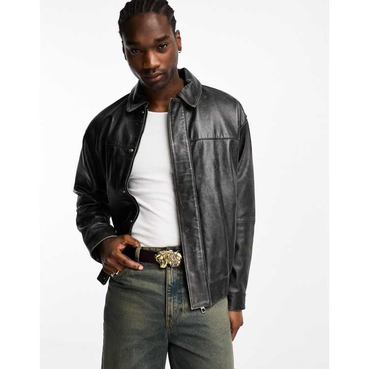 ASOS DESIGN oversized real leather bomber jacket with vintage wash in black