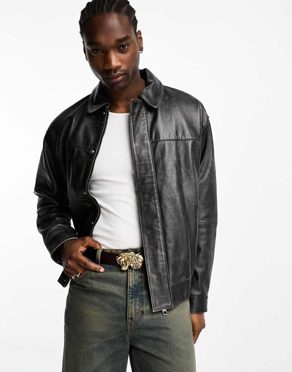 ASOS DESIGN oversized real leather bomber jacket with vintage wash in black
