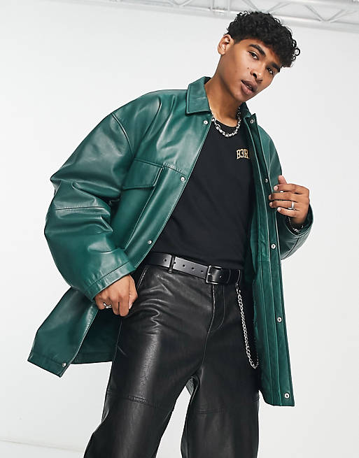 ASOS DESIGN oversized real leather coach jacket in green | ASOS