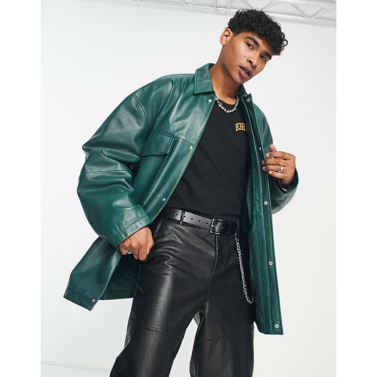 ASOS DESIGN oversized real leather coach jacket in green