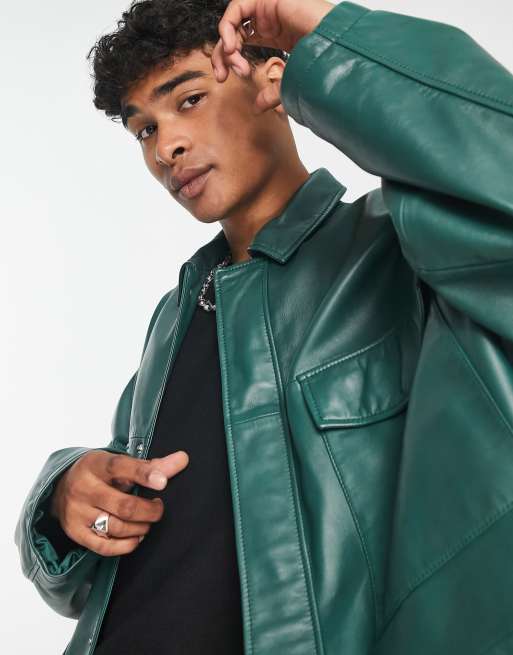 ASOS DESIGN oversized real leather coach jacket in green