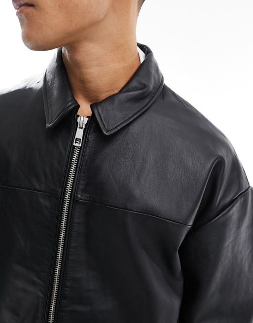 ASOS DESIGN oversized real leather cropped coach jacket in black