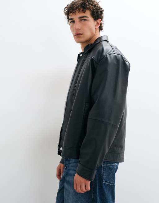 ASOS DESIGN oversized real leather harrington in black, 3 of 5