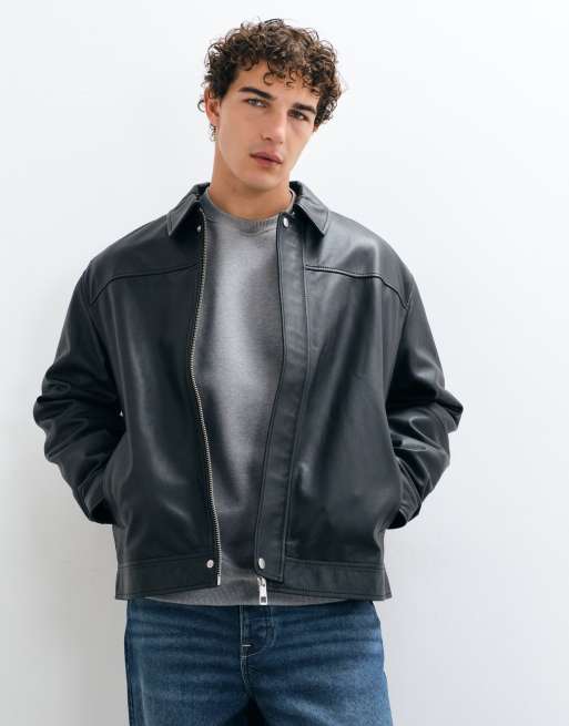 ASOS DESIGN oversized real leather harrington in black, 4 of 5