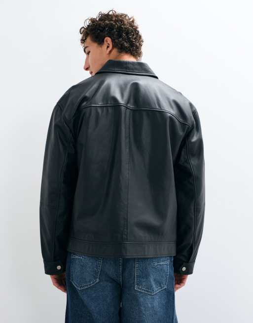 ASOS DESIGN oversized real leather harrington in black, 5 of 5