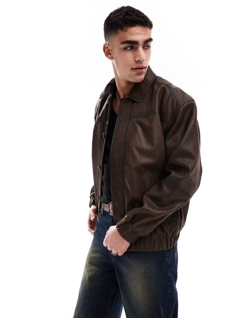 oversized real leather harrington jacket in washed brown