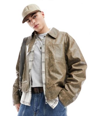 ASOS DESIGN oversized real leather harrington jacket in washed stone | ASOS