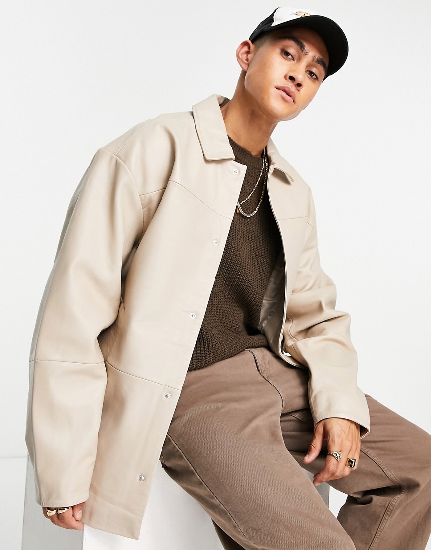 ASOS DESIGN oversized real leather shacket in beige-Neutral
