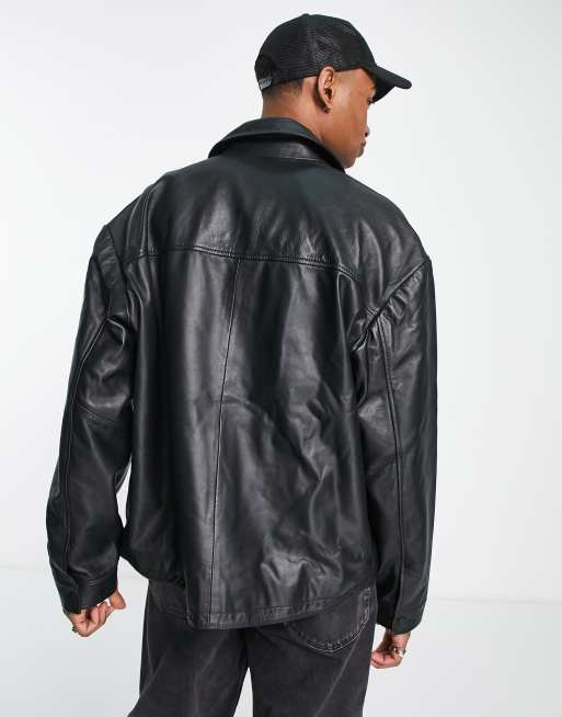 ASOS DESIGN oversized real leather shacket in black, 2 of 4