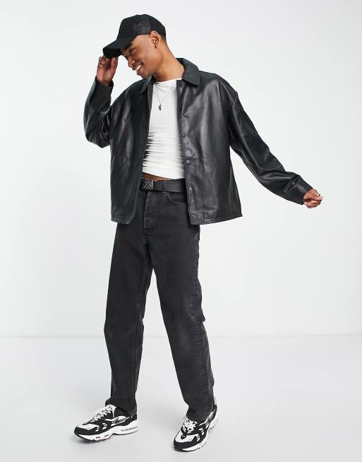 ASOS DESIGN oversized real leather shacket in black, 3 of 4