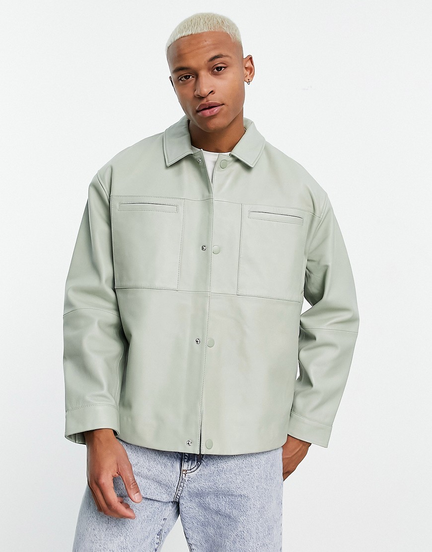 ASOS DESIGN oversized real leather shacket in sage green