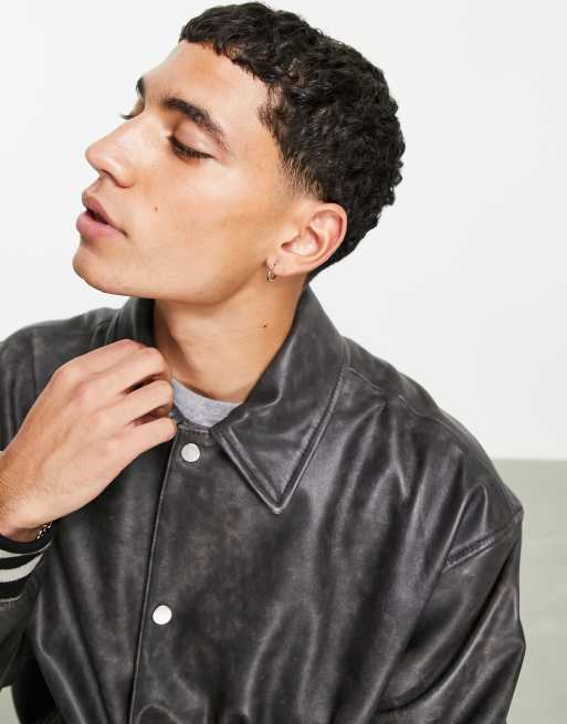 ASOS DESIGN oversized real varsity leather bomber jacket in black