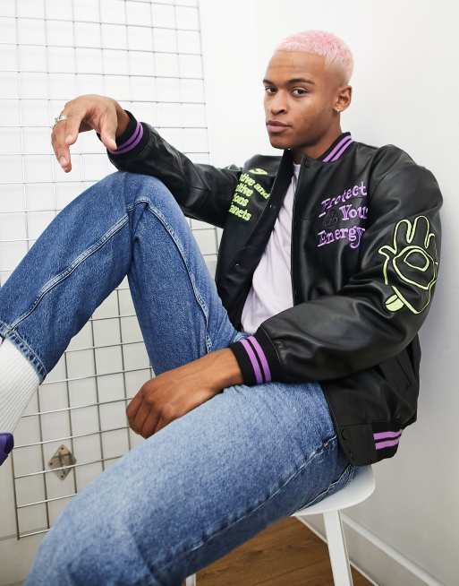 ASOS DESIGN oversized varsity bomber jacket in black with purple badging