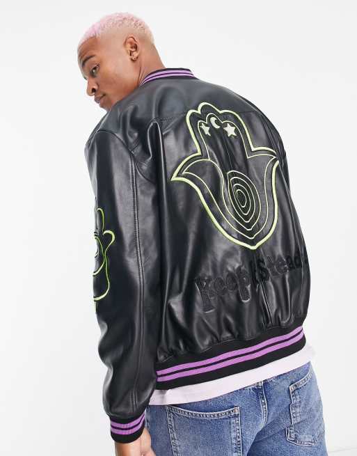 ASOS DESIGN oversized real leather varsity bomber jacket with embroidery in black