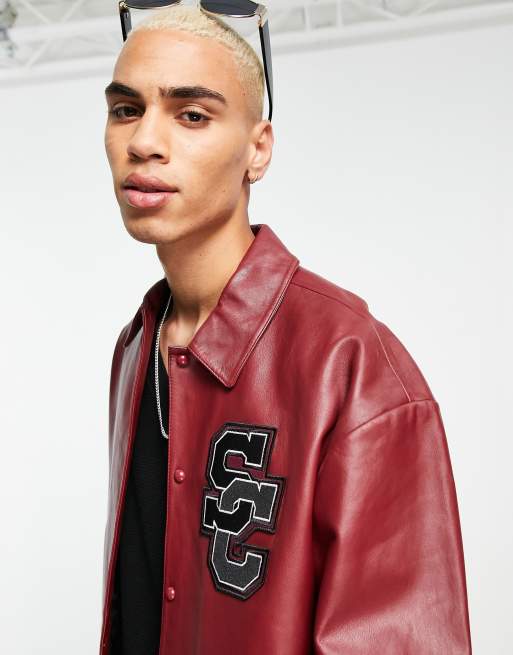 ASOS DESIGN oversized real leather varsity jacket in brown