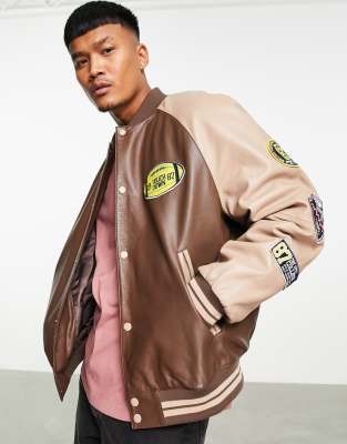 ASOS DESIGN oversized real leather varsity jacket in brown - ASOS Price Checker