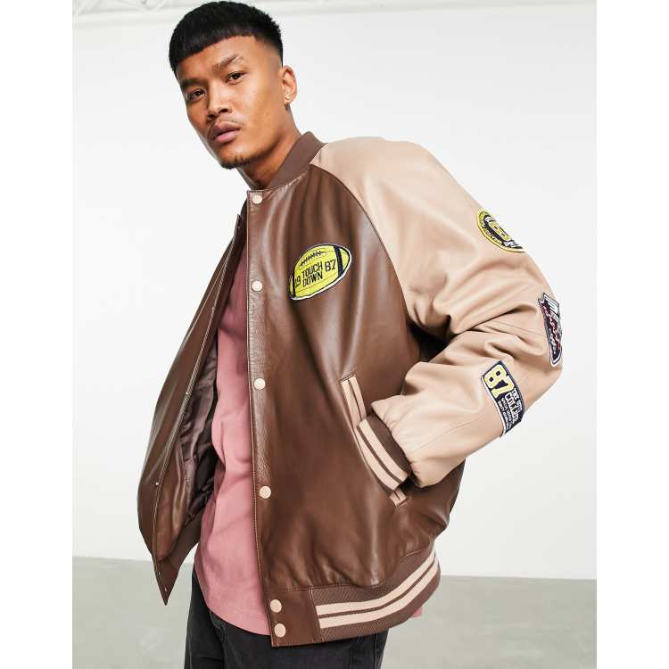 ASOS DESIGN faux leather varsity jacket with embroidery in brown