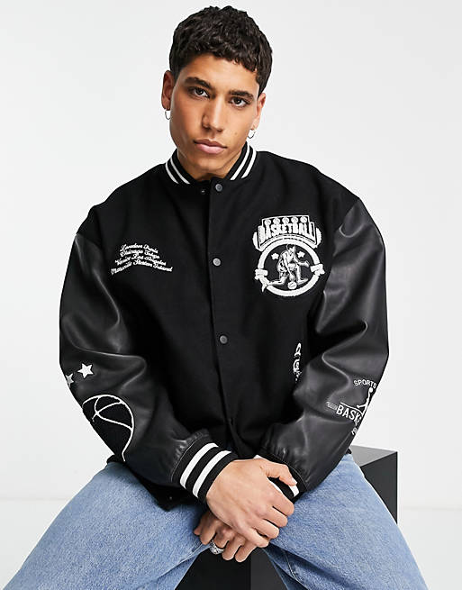 ASOS DESIGN oversized real leather varsity jacket with chenille badge in  black