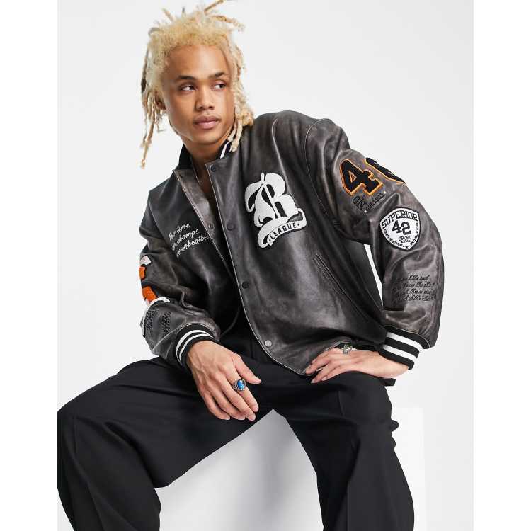 ASOS DESIGN oversized real varsity leather bomber jacket in black