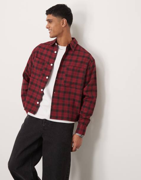 ASOS DESIGN - Oversized recht flanellen overhemd met dubbele zak in zwart met rood geruit - view 1