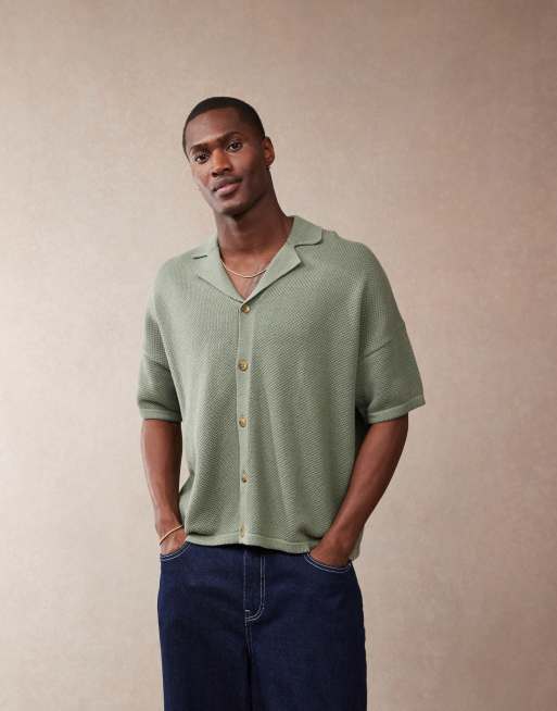 ASOS DESIGN - Oversized recht gebreide polo met reverskraag en knoopsluiting in groen