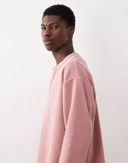 ASOS DESIGN - Oversized recht geribbeld Henleys T-shirt met lange mouwen in roze, 4 van 5