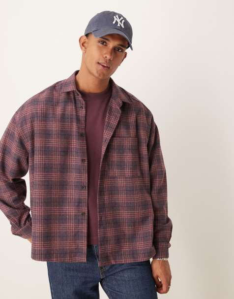 ASOS DESIGN - Oversized recht geruit geborsteld overhemd in bordeauxrood - view 1