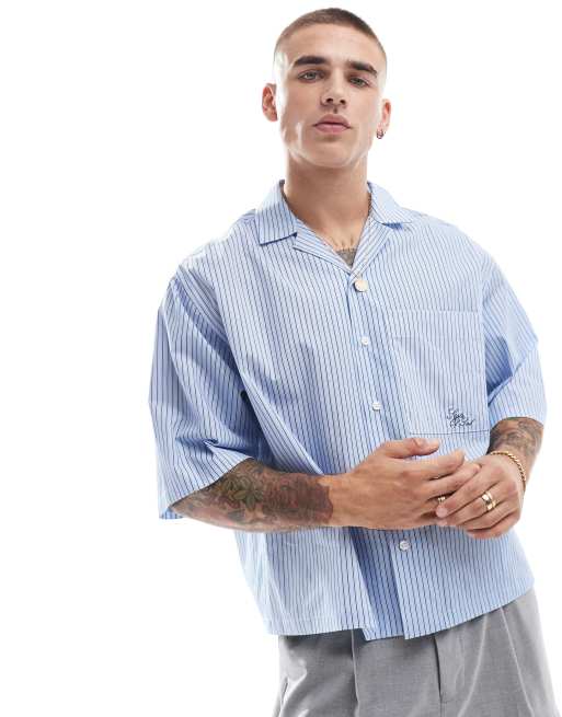 ASOS DESIGN - Oversized recht gestreept overhemd met borduursel op de zak in blauw