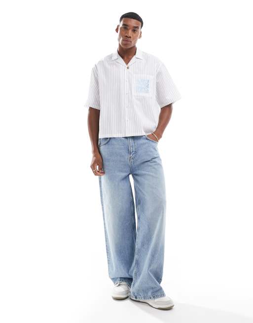 ASOS DESIGN - Oversized recht gestreept overhemd met borduursel op de zak in blauw , 4 van 4