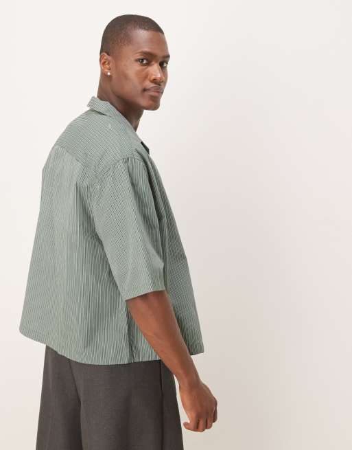 ASOS DESIGN - Oversized recht gestreept overhemd met borduursel op de zak in groen, 4 van 4