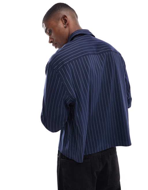 ASOS DESIGN - Oversized recht gestreept overhemd met borduursel op de zak in marineblauw , 3 van 4