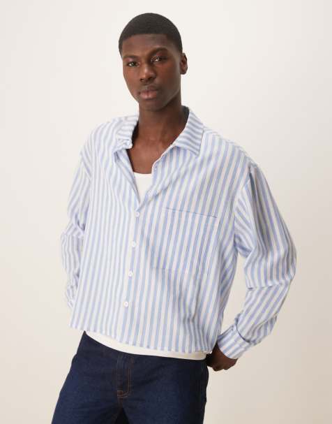 ASOS DESIGN - Oversized recht gestreept overhemd met linnenlook in blauw - view 1