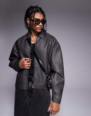 ASOS DESIGN - Oversized recht Harrington jack van imitatieleer in zwart met wassing - view 1