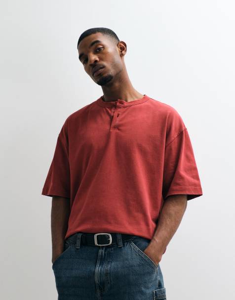 ASOS DESIGN - Oversized recht Henley T-shirt van zware stof in bordeauxrood met wassing - view 1