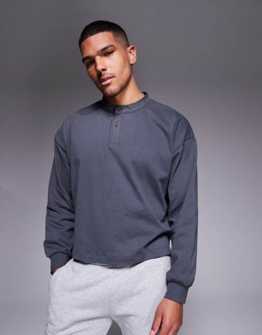 ASOS DESIGN - Oversized recht henley T-shirt van zware stof met lange mouwen en ongelijke zoom in antracietgrijs 