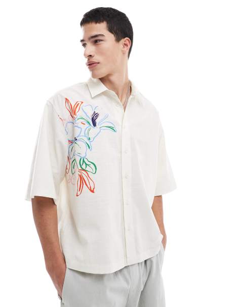 ASOS DESIGN - Oversized recht overhemd met bloemenprint in stone - view 1