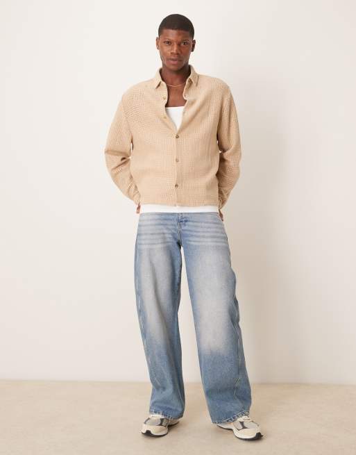 ASOS DESIGN - Oversized recht overhemd met gebreide textuur in stone, 2 van 4