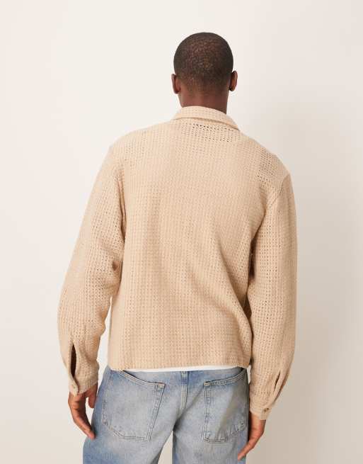 ASOS DESIGN - Oversized recht overhemd met gebreide textuur in stone, 3 van 4