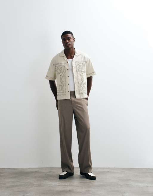 ASOS DESIGN - Oversized recht overhemd met print in beige, 2 van 5