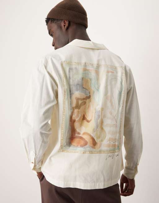 ASOS DESIGN - Oversized recht overhemd met print op de achterkant in gebroken wit