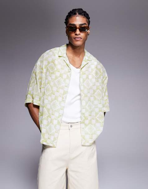 ASOS DESIGN - Oversized recht overhemd met textuur en tegelprint in saliegroen - view 1