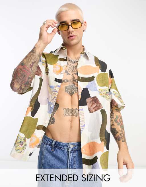 ASOS DESIGN - Oversized recht overhemd van linnenmix met abstracte print