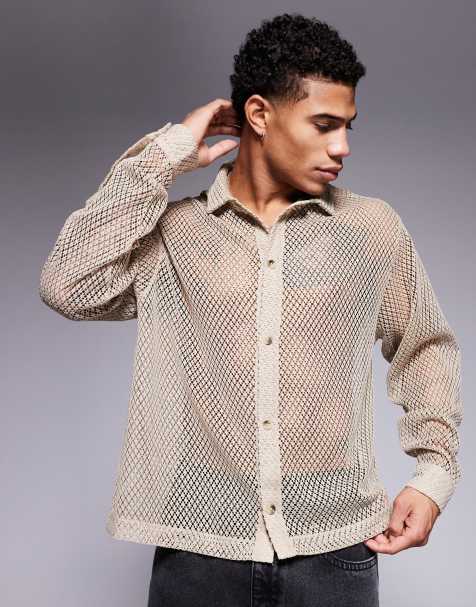 ASOS DESIGN - Oversized recht overhemd van mesh in stone - view 1